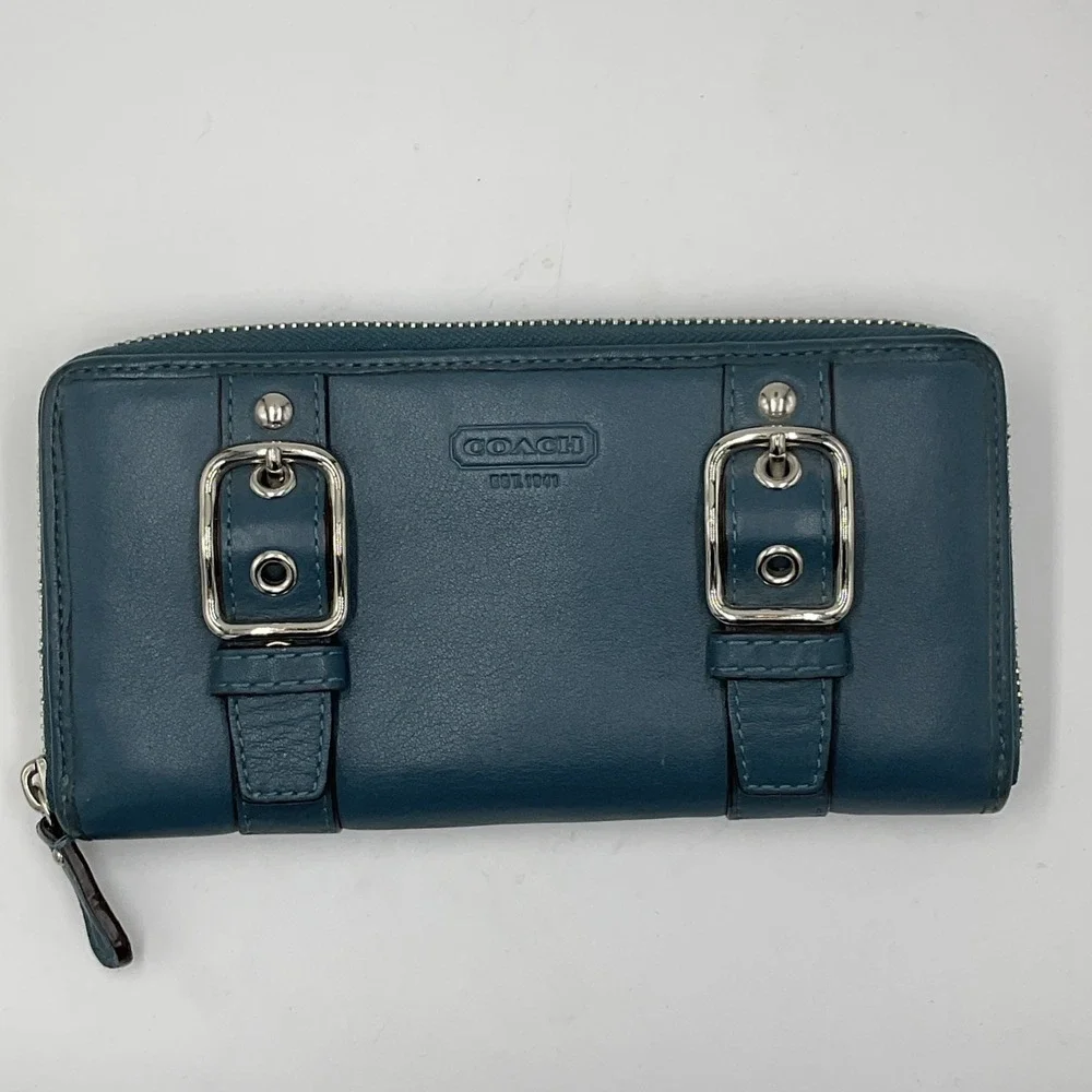 Coach Soho Zoe Double Buckle Legacy Wallet Teal Blue Leather Vintage Y2K Clutch